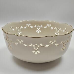 Vintage 90s Lenox Bowl 8" Holiday Holly & Berries: Cream Porcelain Gold Rim USA